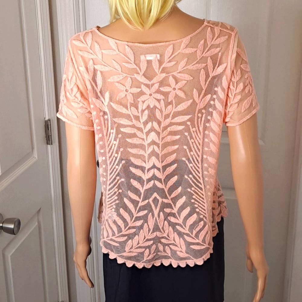 Pink Lace Floral Mesh Crew-Neck See-Through Top by Xhilaration - Picture 5 of 7